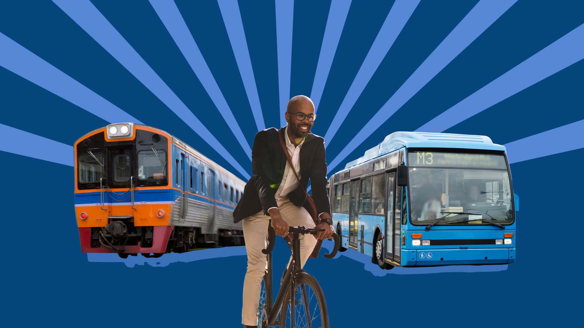 A graphic of a person on a bike with a train and bus around them and rays of light in the background